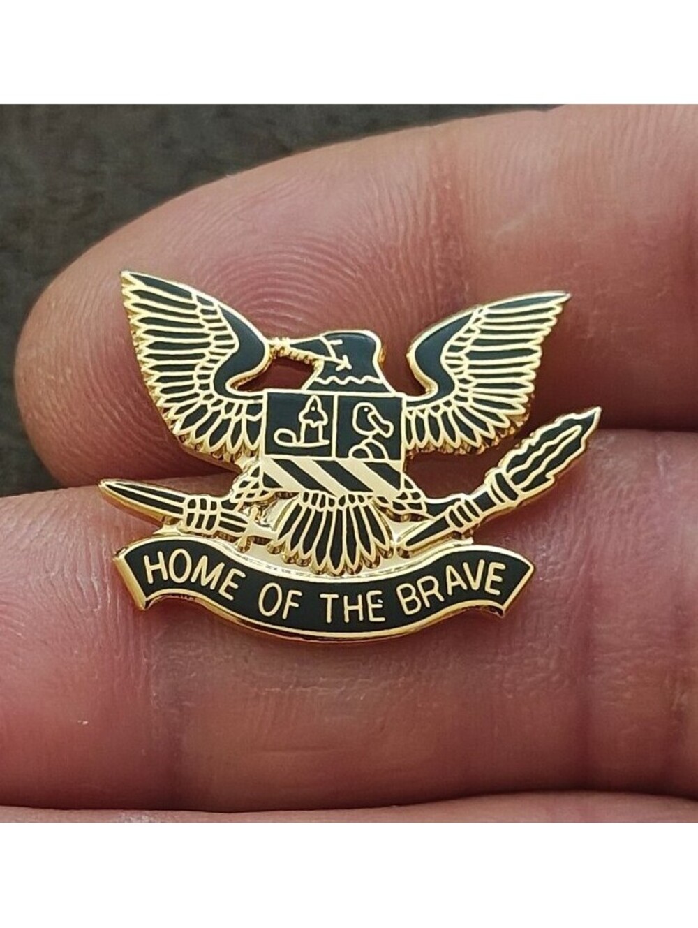 80s Patriotic Bald Eagle Heraldic Shield Home of the Brave Gold Tone Enamel Pin